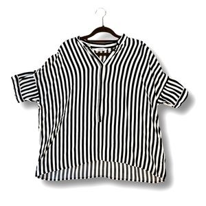 & Other Stories navy blue & white striped, short sleeve blouse with buttons